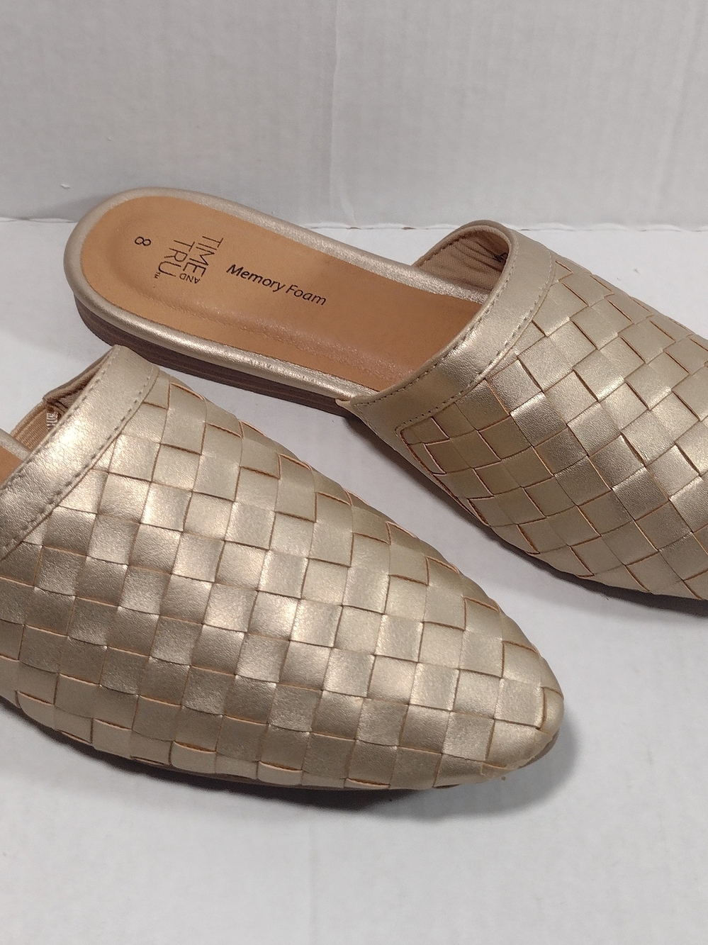 Time and Tru Metallic Gold Woven Memory Foam Slip-On Mules Sz 8